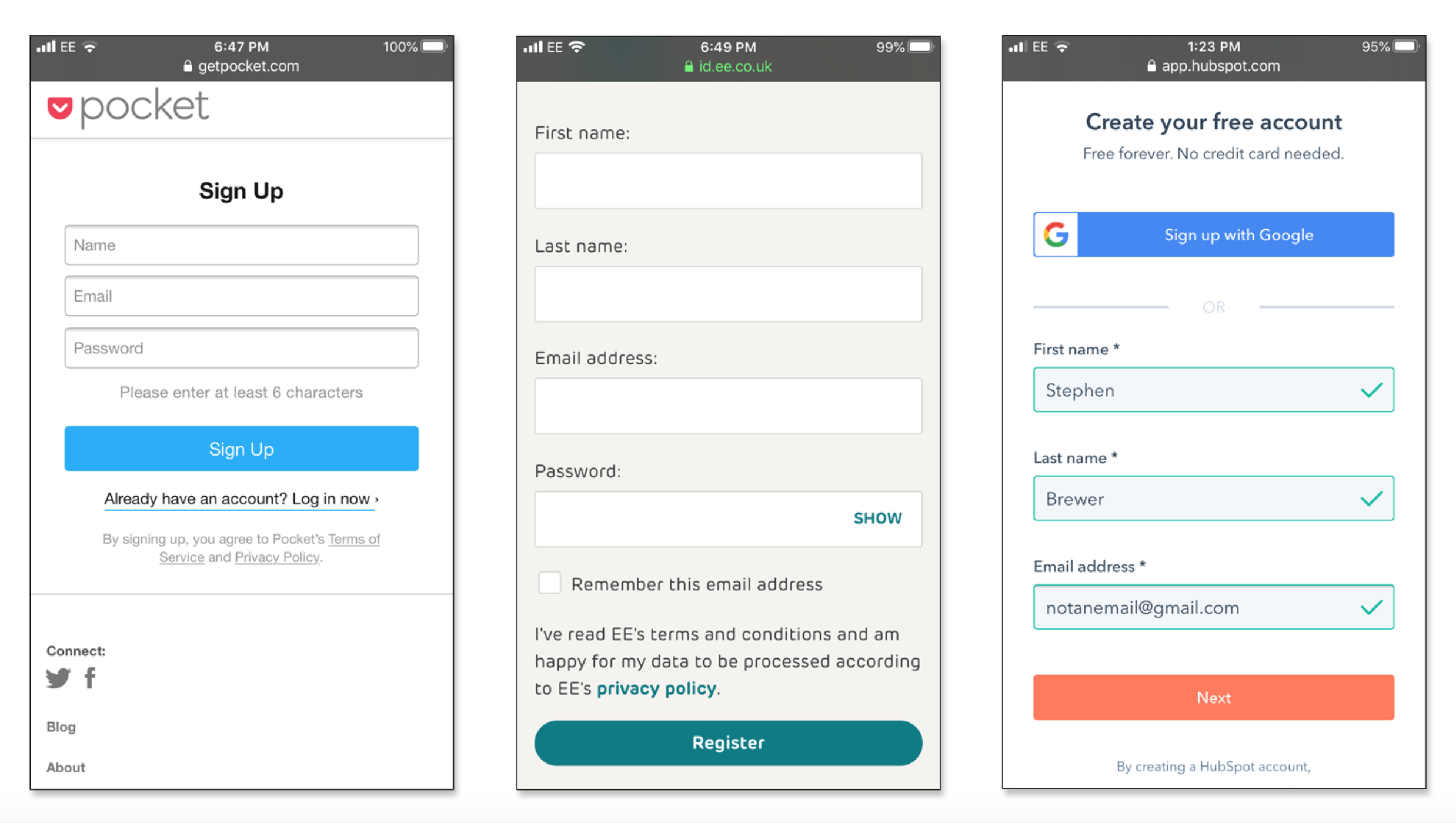 نماذج الإشتراك والتسجيل في مواقع مختلفة