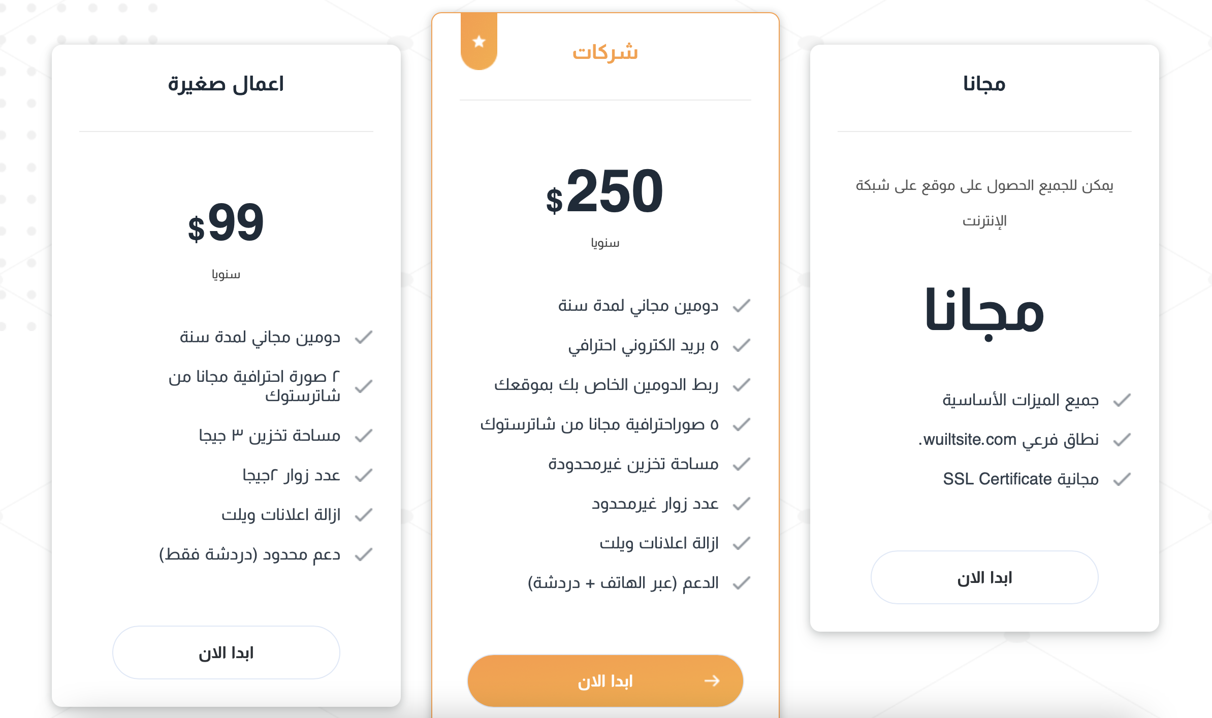 صورة توضّح الخدمة المجانية وأسعار الخدمة المدفوعة في wuilt